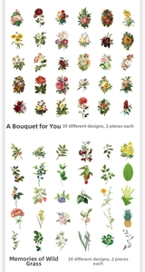 Macro display of 60 vintage botanical stickers featuring floral and plant motifs for journaling
