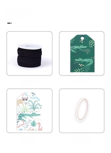 DIY gift wrapping kit with graphite black elastic cord, animal tags and double-sided tape