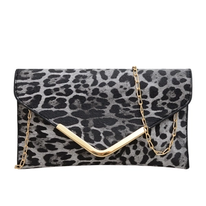 Leopard print envelope clutch bag with V-shaped gold metal trim and chain strap