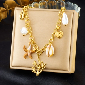 Collier Chaîne À Maillons Étoile De Mer Coquillage Corail Cœur Cadenas Acier Inoxydable Doré Océan Plage Vacances Bijoux Vintage Femmes