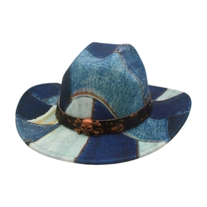 Chapeau Cowboy Western Denim Patchwork Punk Crâne Métal Décor Rétro Jazz Fedora Large Bord Mode Extérieure Pour Adulte