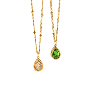 Gold stainless steel teardrop zircon necklaces with champagne and green faceted gems