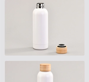 Detail of white matte stainless steel water bottle with natural bamboo screw lid