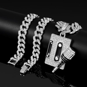 Silver iced-out Cuban link set with cassette and microphone pendant hip hop jewelry