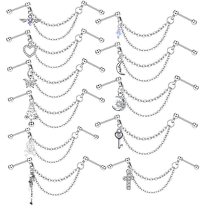 Stainless Steel Industrial Barbell Earring Bone Stud Double Chain With Zircon Charm Punk Gothic Piercing Jewelry For Women