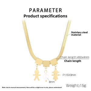 Detailed view of gold stainless steel snake chain necklace with pearl and kid charms