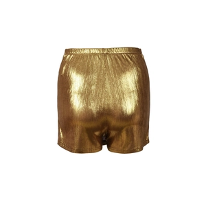 Detail of high-waist metallic gold shorts with vertical pleats and elastic waistband