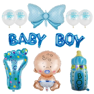 Blue gender reveal party kit with baby boy balloons, bottle shape, and foil lettering