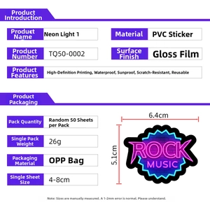 Detailed spec sheet for waterproof PVC neon stickers with rock music theme dimensions