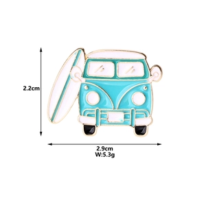 Detailed view of mint green vintage bus enamel brooch with size dimensions 2.2cm x 2.9cm