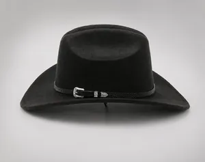 Seitenansicht des schwarzen Western-Cowboyhuts aus Filz mit Lederband und Metallschnalle