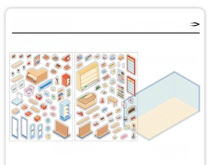 Detail of PET supermarket landscape stickers with shelves and 3D scene backdrop card