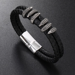 Men's double-braided black leather bracelet featuring five silver pave-set crystal charms