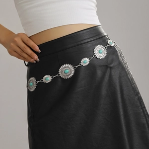 Bohemian silver metal waist chain with turquoise stones on black skirt outfit