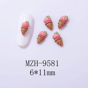Detail of 6x11mm resin ice cream cone nail art charms on a white manicure display tip