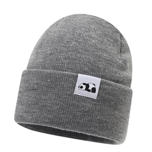 Dark grey knitted beanie with panda patch, featuring a warm ribbed texture for winter wear