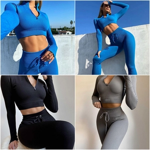 Women's rib-knit two-piece tracksuit with zip-up top and high-waisted drawstring leggings