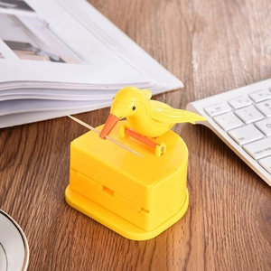 Smart yellow bird toothpick dispenser with press-to-pick mechanism for home tabletop