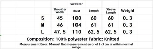 Size chart for striped knit sweater showing measurements for S, M, and L sizes