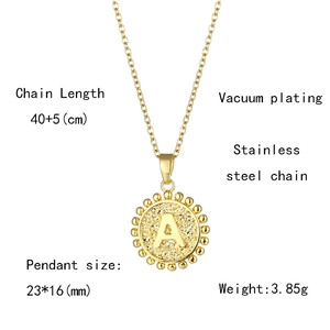 Detail showing gold stainless steel letter A necklace with size and weight specifications