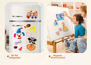 Puzzle magnetico per bambini mostrato su frigorifero e su una lavagna magnetica