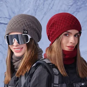 Winter Warm Beanie Hat And Neck Warmer Set Acrylic Knitted Fleece Lined Rhombus Pattern Outdoor Skiing For Women Men