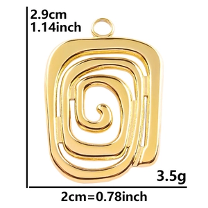 304 stainless steel spiral square pendant with 18k gold plating and dimension specs