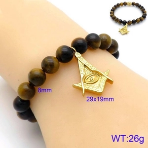 Detail showing 8mm tiger eye beads and 29x19mm gold Masonic cross pendant on men's bracelet
