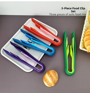 Nesting design of colorful plastic food clips for bread and salad in a 3-piece set