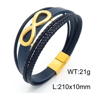 Detail of blue braided leather bracelet with gold infinity charm and magnetic clasp