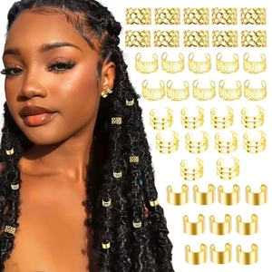 40pcs gold dreadlock jewelry set with hollow metal rings and crown hair accessories