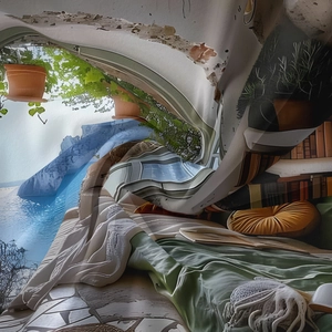 Detailed texture of Mediterranean landscape tapestry with artistic surrealist digital print