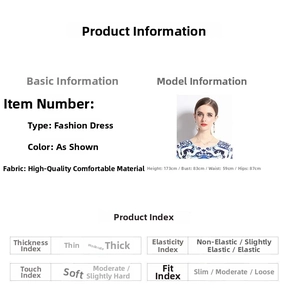 Size chart for blue and white porcelain print dress with model height and fabric details