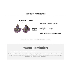 Detail view of purple teardrop zircon earrings with copper base material and dimensions