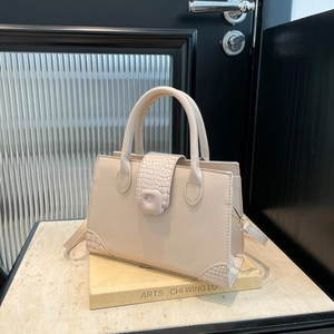 Chic cream square handbag with crocodile pattern details and double top handles for women