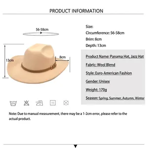 Size guide for unisex wool jazz fedora hat with wide brim in elegant beige color