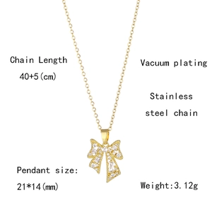Detail of gold bow necklace with clear zircon, showing 40+5cm length and size specs