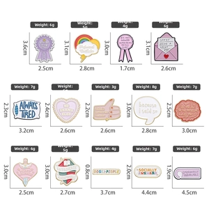 Detail chart of 14 enamel pins with cute rainbow and heart designs including dimensions