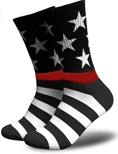 Detail of American flag pattern crew socks with black stars and red white stripes