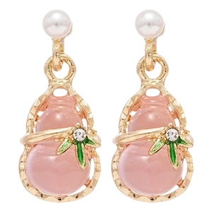 Pink resin gourd earrings with gold finish and white pearls in minimalist style