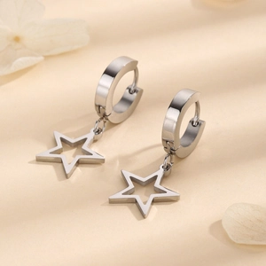 Hollow Star Pendant Huggie Hoop Earrings Stainless Steel Minimalist Geometric Fashion Jewelry For Women Men