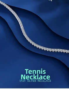 Detailed view of S925 sterling silver tennis necklace with classic four-prong moissanite setting