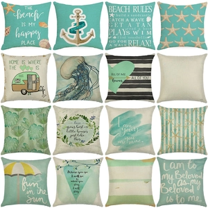 Detail of 16-piece ocean-themed pillow covers showing nautical patterns and linen texture