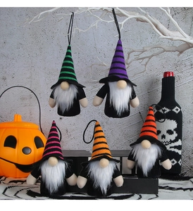 Set of five Halloween gnome plush pendants with striped hats and long white beards