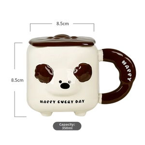 Detail of cute panda ceramic mug with dimensions 8.5x8.5cm and 350ml capacity info