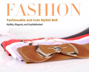 Detail of multi-color elastic bow belts with gold-rimmed buckles for women