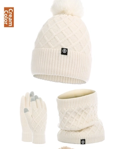 Close-up of diamond pattern knit texture on winter hat, scarf, and gloves set