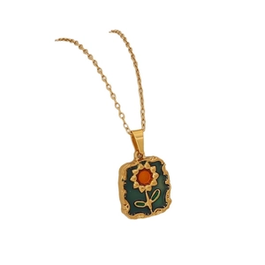 Collier vintage en acier inoxydable avec pendentif tournesol en émail vert et chaîne dorée
