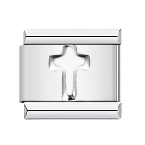 Italian charm bracelet link in silver stainless steel with embossed cross design