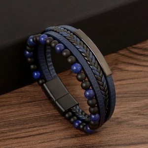 Multi-layer leather braided bracelet with natural blue stones and black agate beads